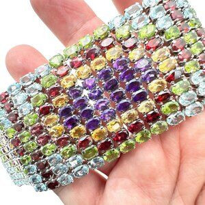Luxury Wide Multi Gemstone Sterling Silver Bracelet 122 Grams 7.5 Inch
